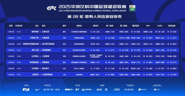 中超第28轮裁判    ：坦塔舍夫执法泰山vs海港，马宁执法国安vs海牛